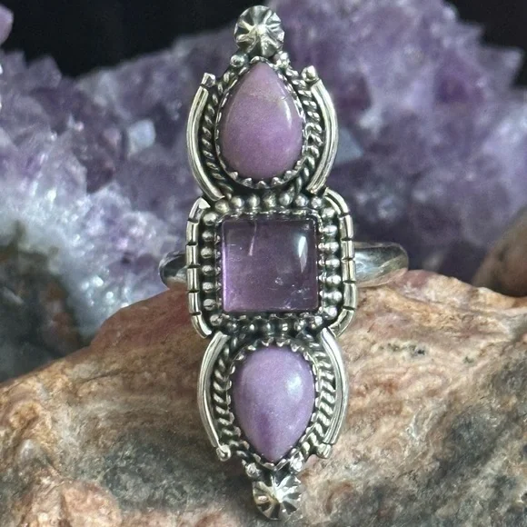Phosphosiderite & Amethyst Southwestern Sterling Silver Ring - Picture 6 of 6